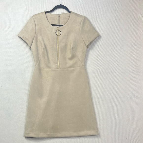 Calvin Klein Size 10 Faux Suede Sheath Dress Front Zipper Logo Pull Short Sleeve - Picture 1 of 12